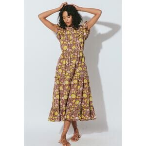 Cleobella Harper Midi yellow floral brown ruffle tiered pioneer dress. Medium